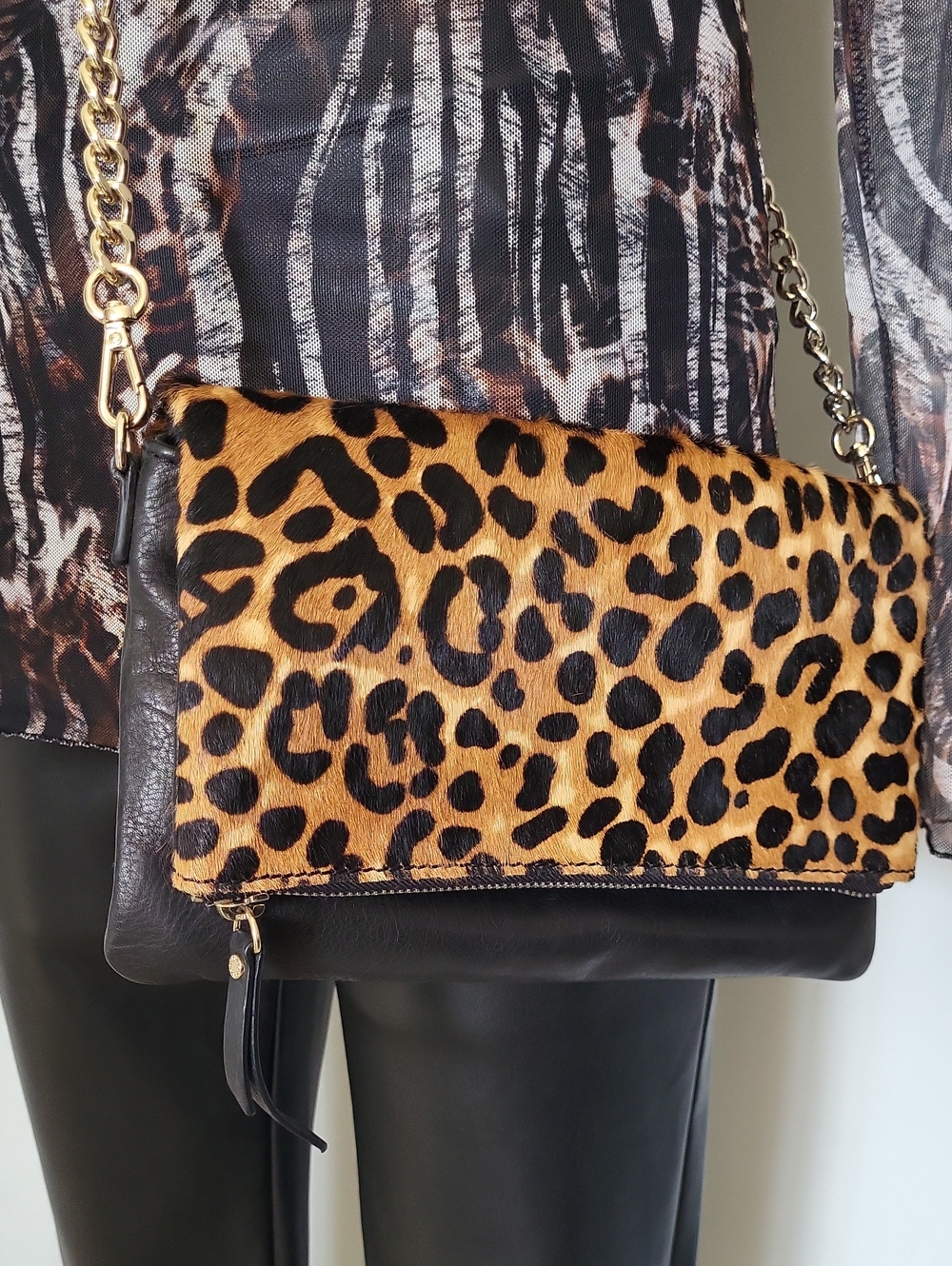 Danier Leather Leopard Print Crossbody Bag Clutch with Gold Chain